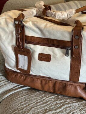 Wogarl Canvas Weekender Bag Brown Faux Leather Trim Travel Duffel Carry On (No S